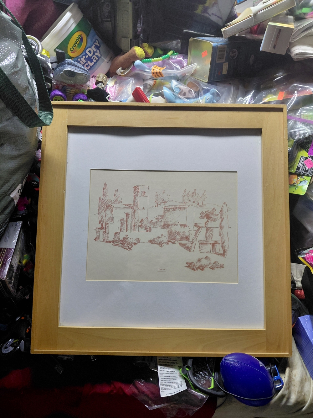 framed artwork appears to be a Michael Graves Tuscan landscape print 19.5"x19.5"